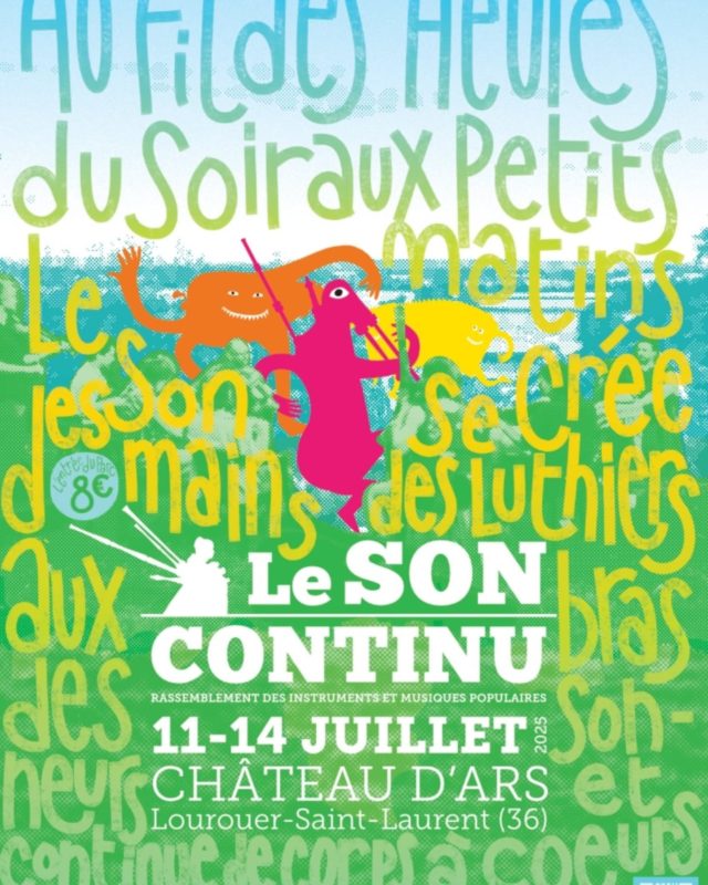 📣L'incontournable festival Le Son Continu débute demain au Château d'Ars, à Lourouer-Saint-Laurent (du 11 au 14 juillet) !

🎼 Comme d’habitude une programmation éclectique et dynamique vous est réservée mettant en lumière toute la diversité des musiques traditionnelles, de nos régions jusqu’aux horizons internationaux. Du matin jusqu’à la tombée de la nuit, il y en aura pour tous les goûts : ateliers de danse pour s’initier ou se perfectionner, conférences pour nourrir sa curiosité, scènes ouvertes pour partager ses talents et ses passions. Et dès que la nuit tombe, place aux concerts envoûtants et aux bals endiablés pour prolonger la magie jusqu’au bout de la nuit !

🎟Tous les festivaliers du Son Continu sont invités à venir visiter les expositions du Musée George Sand et de la Vallée noire pendant ou après et pourront bénéficier d'un tarif réduit à 2,50 € sur présentation de leur pass de festivalier. Valable également la semaine d'après le festival.

🧐En ce moment, une exposition est consacrée à la collection de Michèle Fromenteau et Maurice Bourg. Cette collection comprend un ensemble d'objets (instruments, porcelaines, tableaux, sculptures etc.) autour de la vielle à roue (XVIIe-XIXe siècles) !

🤝Aussi, cette année, le Festival lance en partenariat avec le service culturel de la @villedelachatre et avec @ciclic_cvl une grande collecte des archives du festival.

📷À l’occasion du 50e anniversaire des Rencontres internationales de luthiers et Maitres sonneurs (Saint-Chartier), actuellement Festival Le Son continu, en 2026, et suite au legs des archives personnelles de Michèle Fromenteau (cofondatrice du festival) aux Fonds patrimoniaux de la ville de La Châtre, le service culturel de la Ville souhaite enrichir les archives sur l’histoire de cet évènement. Un large appel à dons ou dépôts de photographies, vidéos, documents (programmes, affiches, …) et de témoignages est donc lancé !

#festival #soncontinu #lachatre #indre #berry #regioncentre #musiquetrad #musee #photo #trad